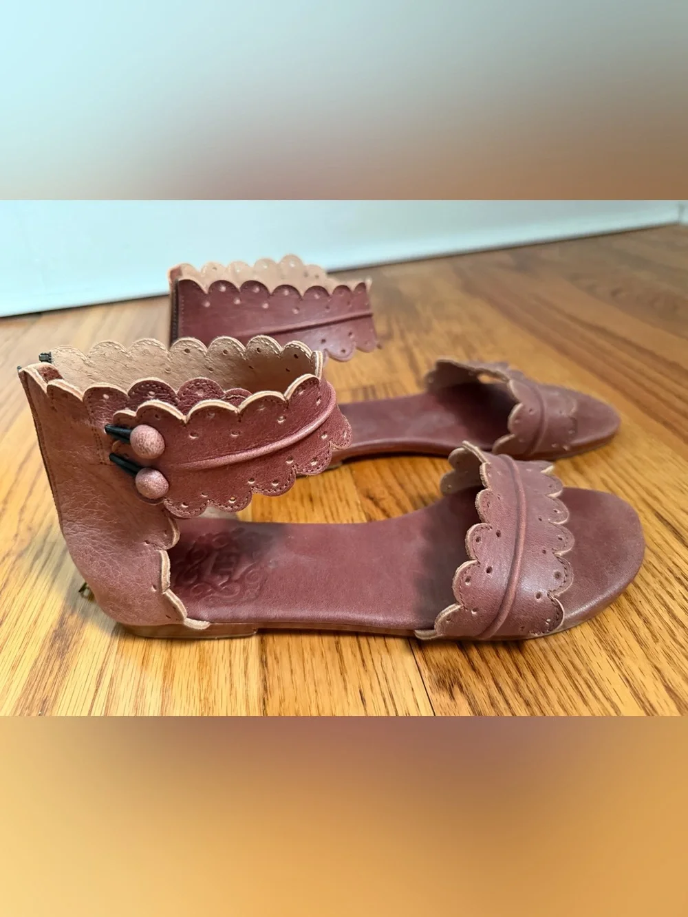 ELF Scalloped Ankle-Strap Sandals in Burgundy